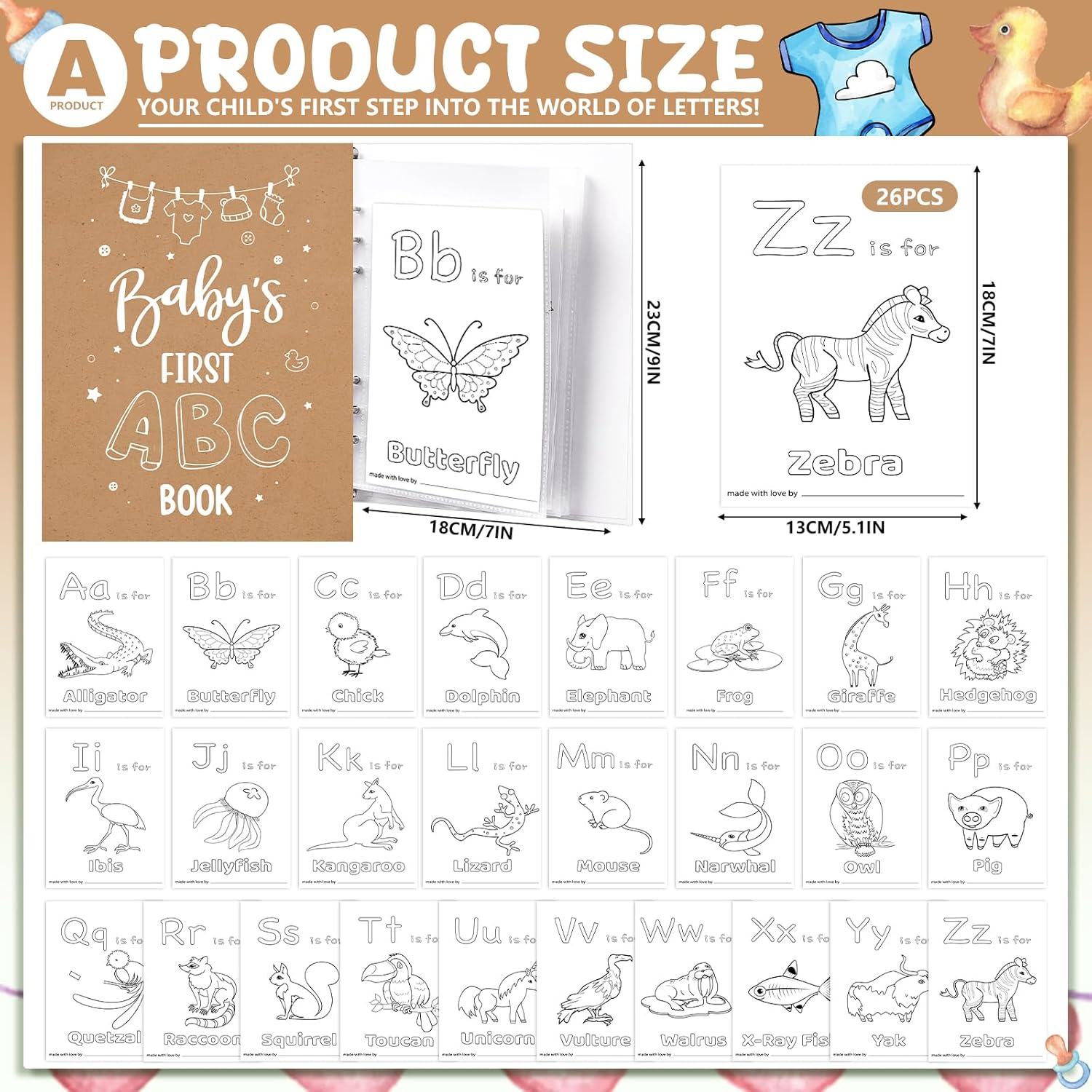 Baby Shower Games Baby'S First Abc Coloring Book 26 Curious Activity Cards Animal Alphabet A To Z Coloring Card With 24 Watercolor Pen For Baby Shower Activities (Kraft Paper)