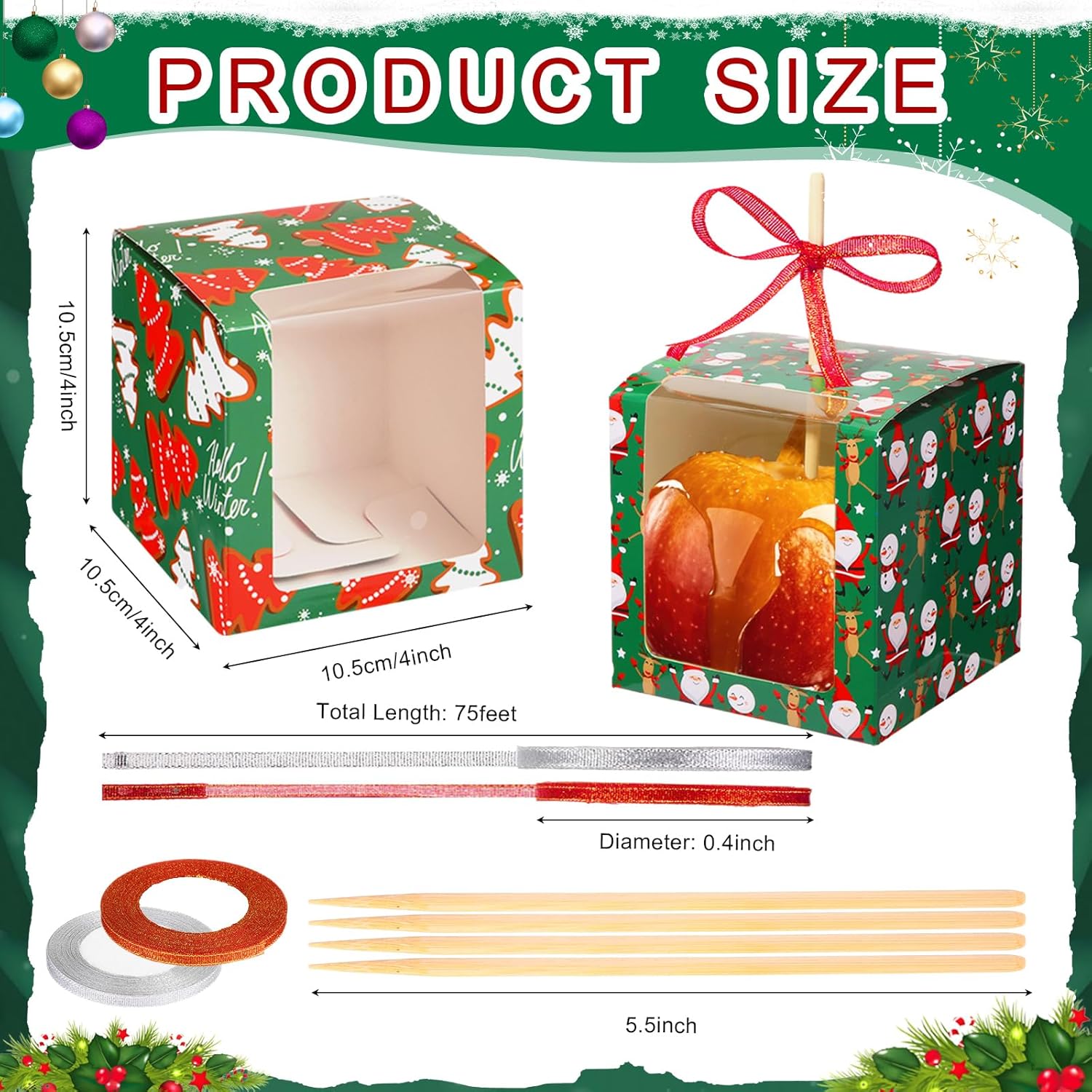 64 Pcs Cupcake Boxes With Window, Apple & Cookie Gift Boxes, 60 Bamboo Skewers, 2 Roll Glitter Ribbons For Christmas Party Favor