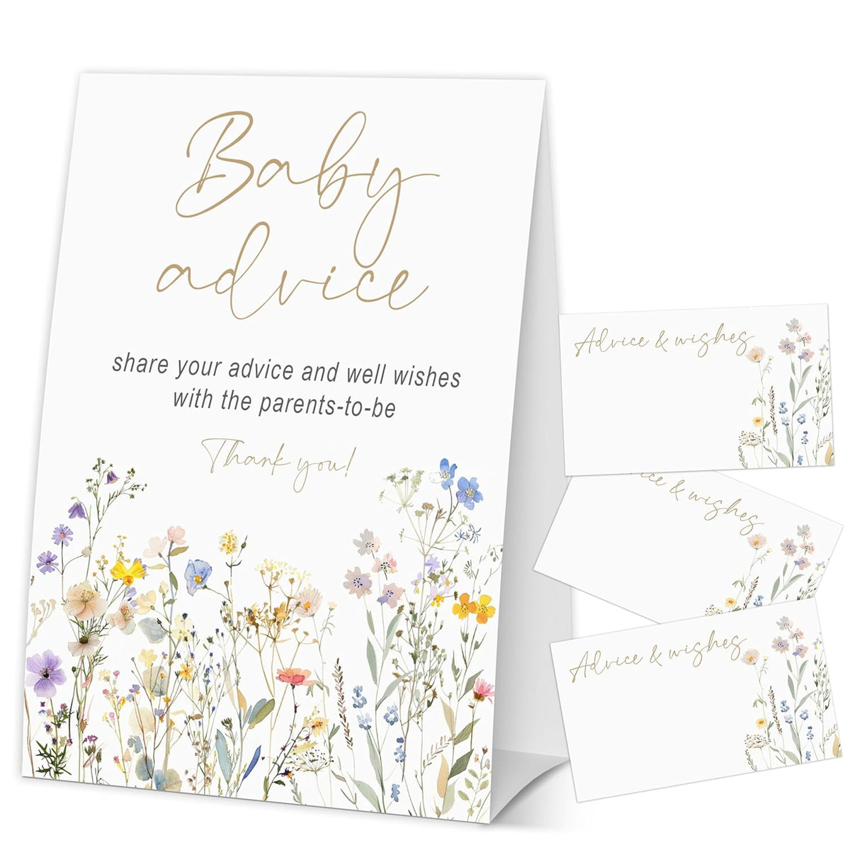 Baby In Bloom Baby Advice Cards For The Parents-To-Be, Spring Wildflowers Baby Shower Decorations Favors, Gender Neutral Party Supplies, 1 Sign & 50 Cards-B01
