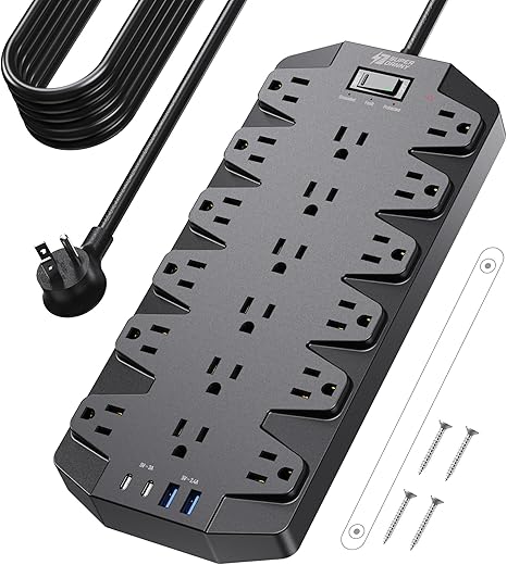 Surge Protector Power Strip 18 Outlets 4 USB Ports 2100J 15FT Flat Plug Extension Cord Black