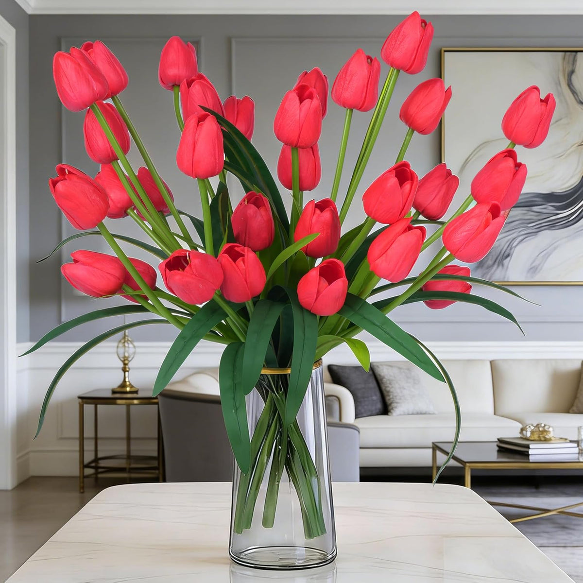 18.9 "Large Red Imitation Tulip Artificial Flowers, 30-Piece Pack. Perfect For Spring Weddings, Valentine'S Day, Easter, Mother'S Day, And Elegant Home And Table Vase Arrangements.