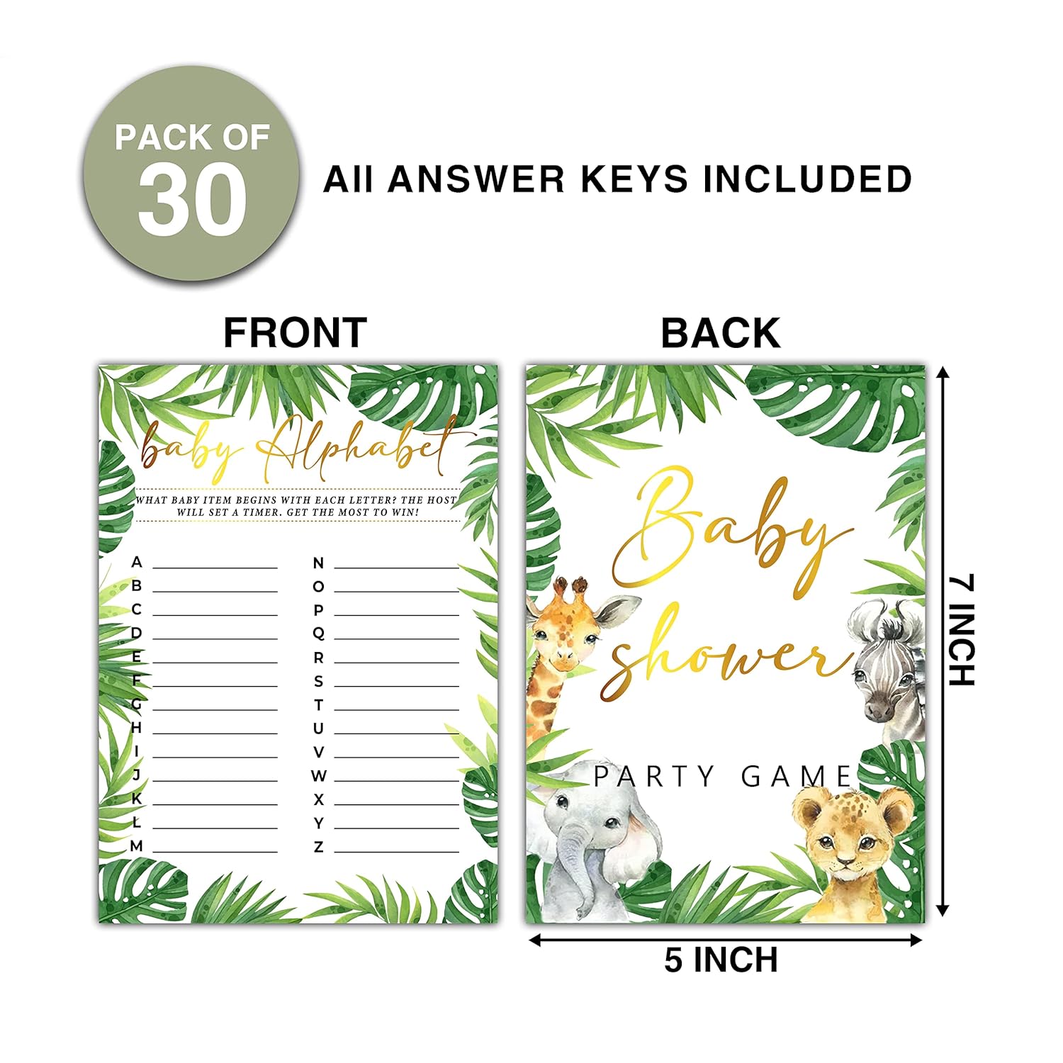 30 Woodland Baby Shower Games(5"X7") - Baby Alphabet - Jungle Animals Gender Reveal Party Games - Safari Theme Gender Neutral Party Favors And Supplies-Yxk-E08