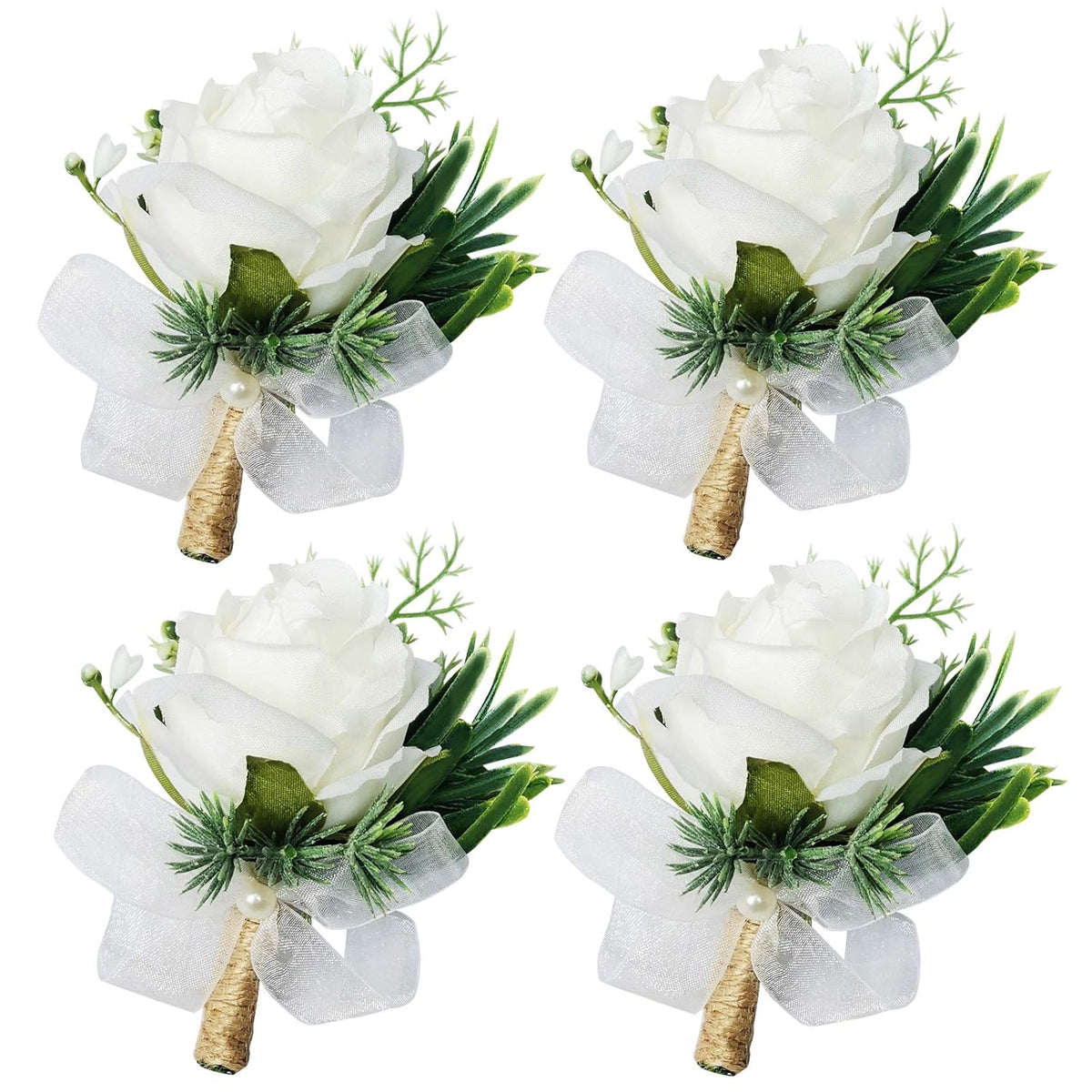 Artificial Flowers White Rose Wrist Flowers And Men'S Corsage Wedding Flowers Ceremony (4Pcs White Corsages)