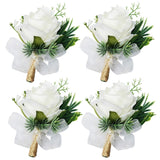 Artificial Flowers White Rose Wrist Flowers And Men'S Corsage Wedding Flowers Ceremony (4Pcs White Corsages)