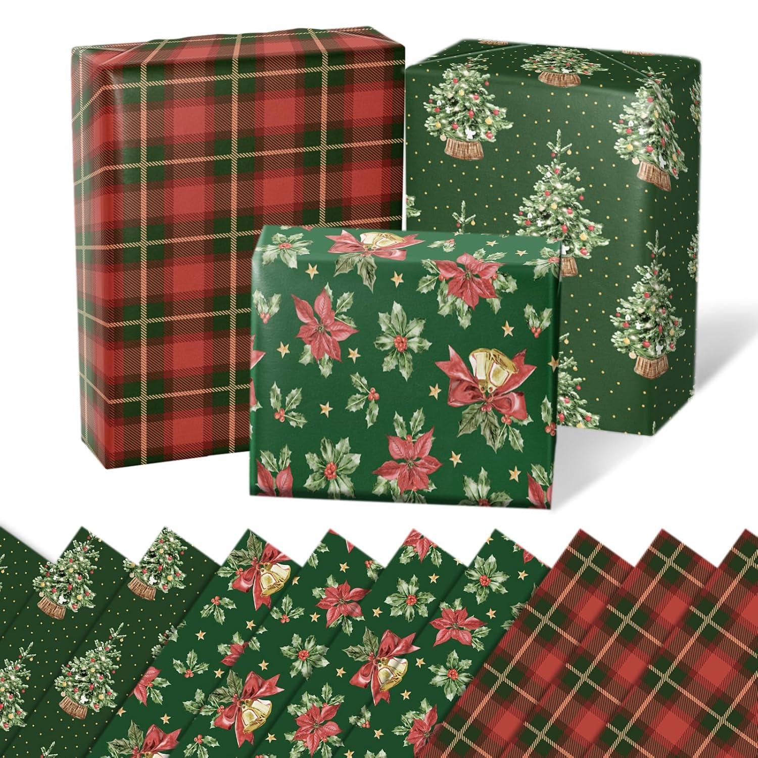 Christmas Wrapping Paper 6 Sheets, Vintage Green Christmas Trees, Poinsettia, Red Bow Bells, Red Green Buffalo Plaid, Folded Flat For Holidays Party 19.7" X 27.5" Per Sheet
