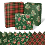Christmas Wrapping Paper 6 Sheets, Vintage Green Christmas Trees, Poinsettia, Red Bow Bells, Red Green Buffalo Plaid, Folded Flat For Holidays Party 19.7" X 27.5" Per Sheet