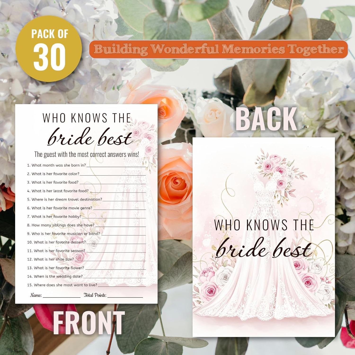 Bridal Shower Party Game Cards - Who Knows The Bride Best For Wedding Engagement Bachelorette - Watercolor Wedding Dress Roses Peonies - 30 Pcs 5X7 Inch Ready To Play Instant Fun