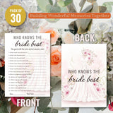 Bridal Shower Party Game Cards - Who Knows The Bride Best For Wedding Engagement Bachelorette - Watercolor Wedding Dress Roses Peonies - 30 Pcs 5X7 Inch Ready To Play Instant Fun