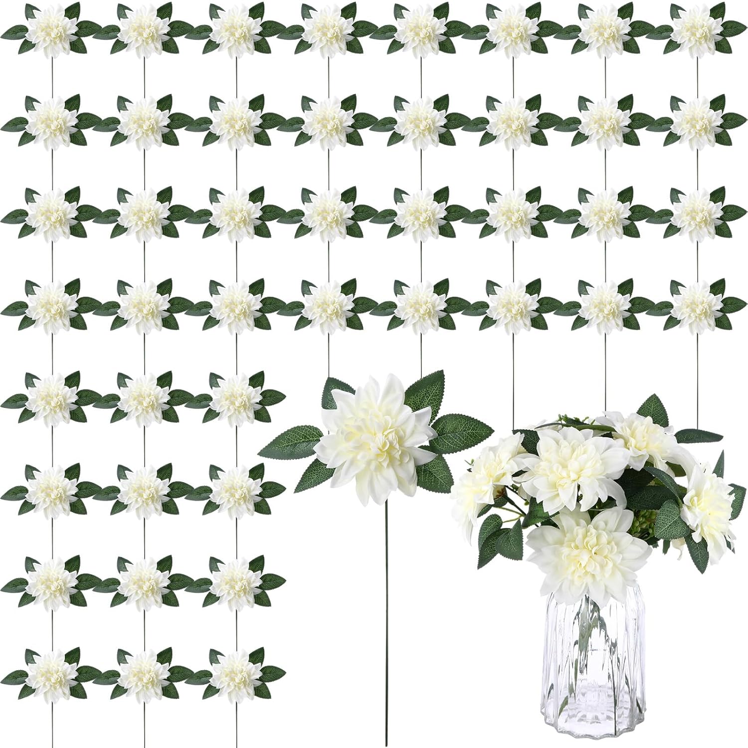 50 Pack Artificial Wedding Dahlia Flowers Bulk Silk Dahlias With Stems And Green Leaves Fake Flora Decoration Faux Bouquets For Diy Bridal Shower Wedding Party(White)