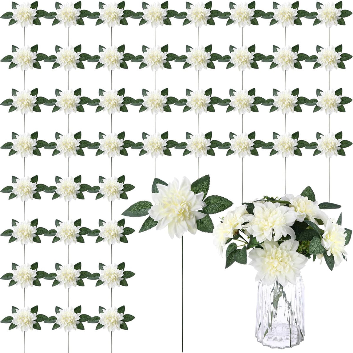 50 Pack Artificial Wedding Dahlia Flowers Bulk Silk Dahlias With Stems And Green Leaves Fake Flora Decoration Faux Bouquets For Diy Bridal Shower Wedding Party(White)