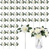 50 Pack Artificial Wedding Dahlia Flowers Bulk Silk Dahlias With Stems And Green Leaves Fake Flora Decoration Faux Bouquets For Diy Bridal Shower Wedding Party(White)