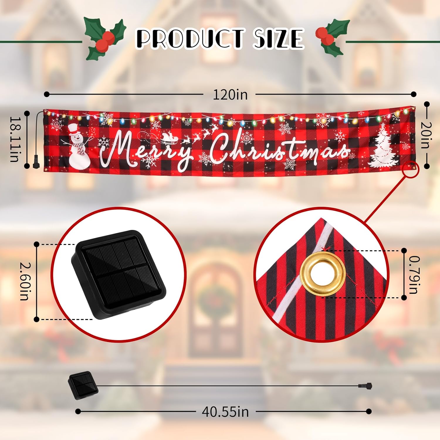 Solar Large Merry Christmas Banner, 120" X 20" Led Lighted Xmas Decoration Red Buffalo Plaid Hanging Huge Sign, Holiday Party Supplies Home Decor For Outdoor,Yard,Garden,Porch,Lawn (Plaid-Snowman)