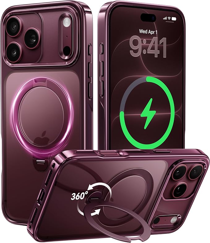 Glossy Burgundy iPhone 18 Pro Case with 360 Spin Magnetic Stand