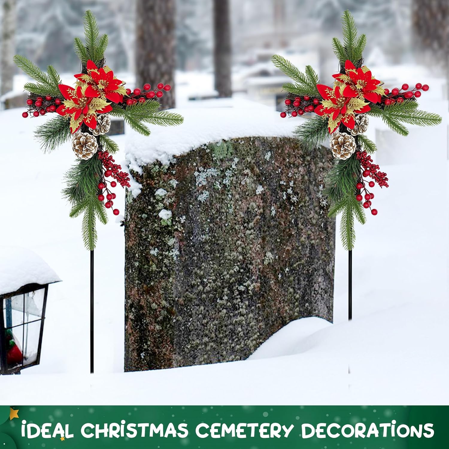 Christmas Cemetery Decorations For Grave 2 Pack Glitter Cemetery Flowers Cross Memorial Poinsettia Cross Stake Christmas Headstone Decor