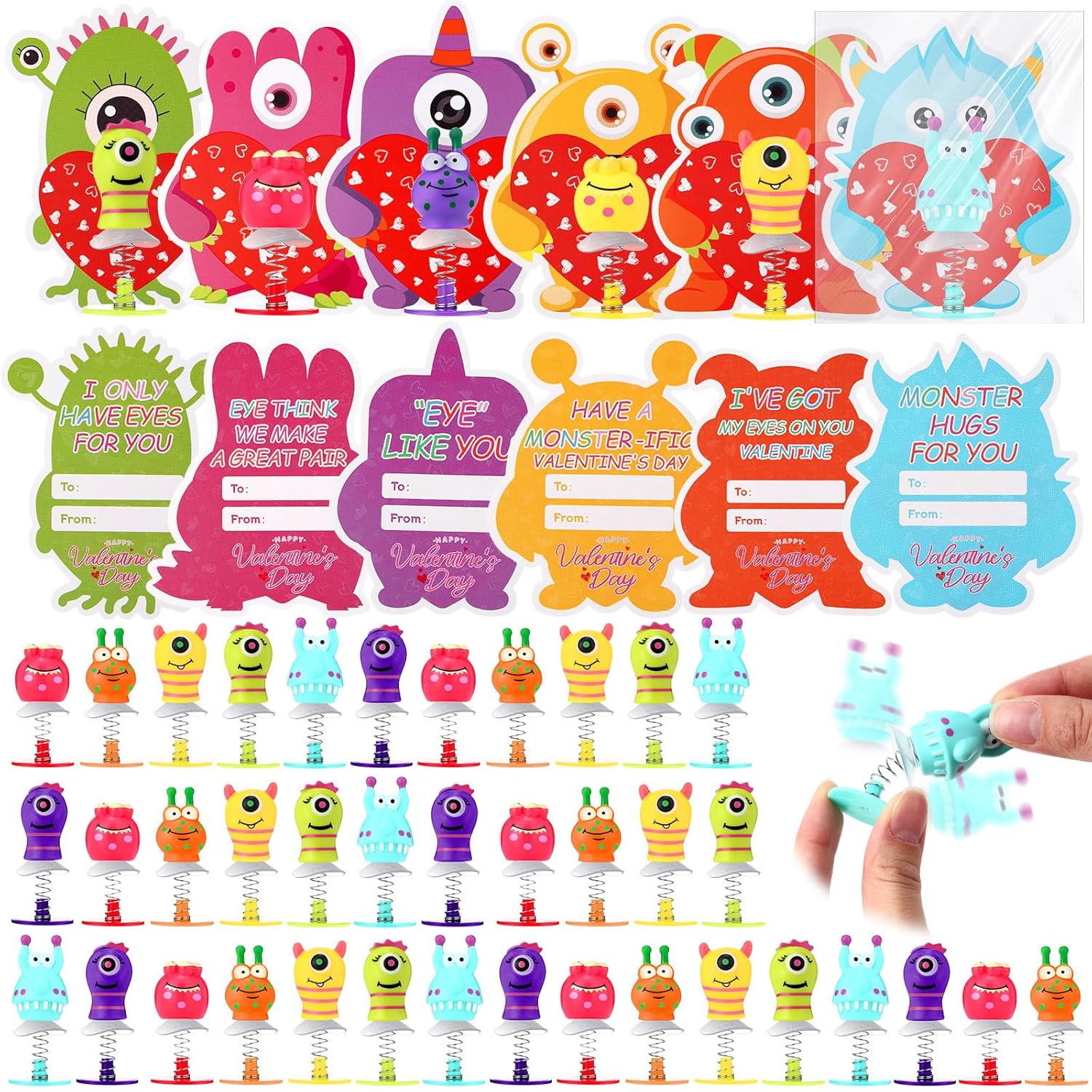 28 Sets Valentine‘S Day Gift Monster Spring Launcher With Greeting Card, Funny Pop Up Bouncy Jumping Animal For Award Prize Exchange Party Favor Sensory Fidget