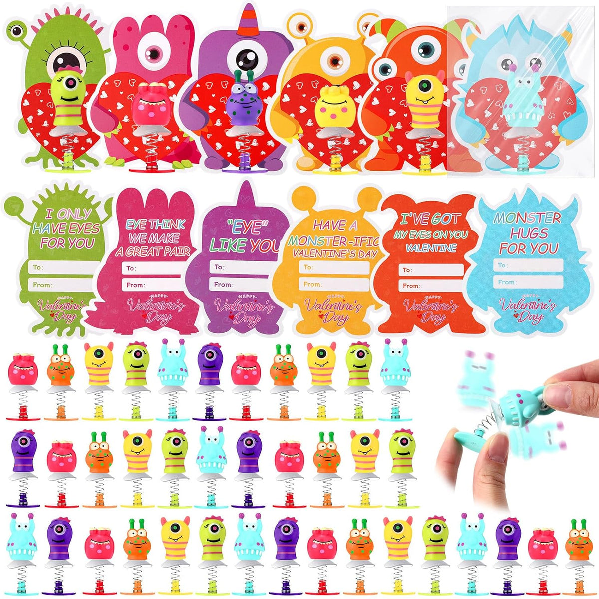 28 Sets Valentine‘S Day Gift Monster Spring Launcher With Greeting Card, Funny Pop Up Bouncy Jumping Animal For Award Prize Exchange Party Favor Sensory Fidget