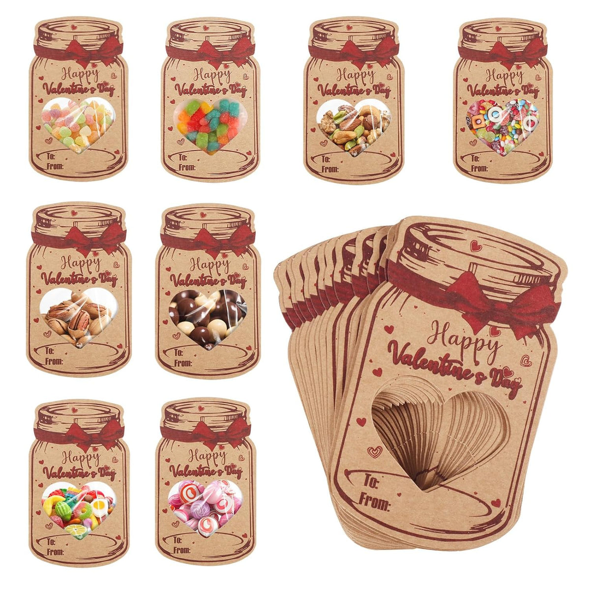 60 Pcs Valentines Day Cards, Diy Hollowed Out Heart Mason Jar Card, Romantic Love Note For Lover, Couple, Friends, Family, Classroom Gift Exchange