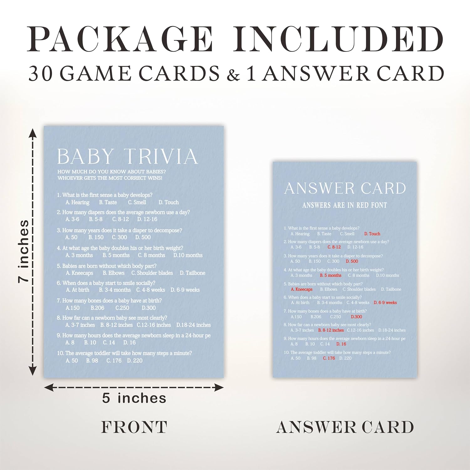 Baby Trivia Game Kits For Baby Shower - Minimalism Sky Blue - 30 Fill In The Blank Game Cards With 1 Answer Card Each Set, Gender Reveal, Gender Neutral?Party Favor & Decor - B06