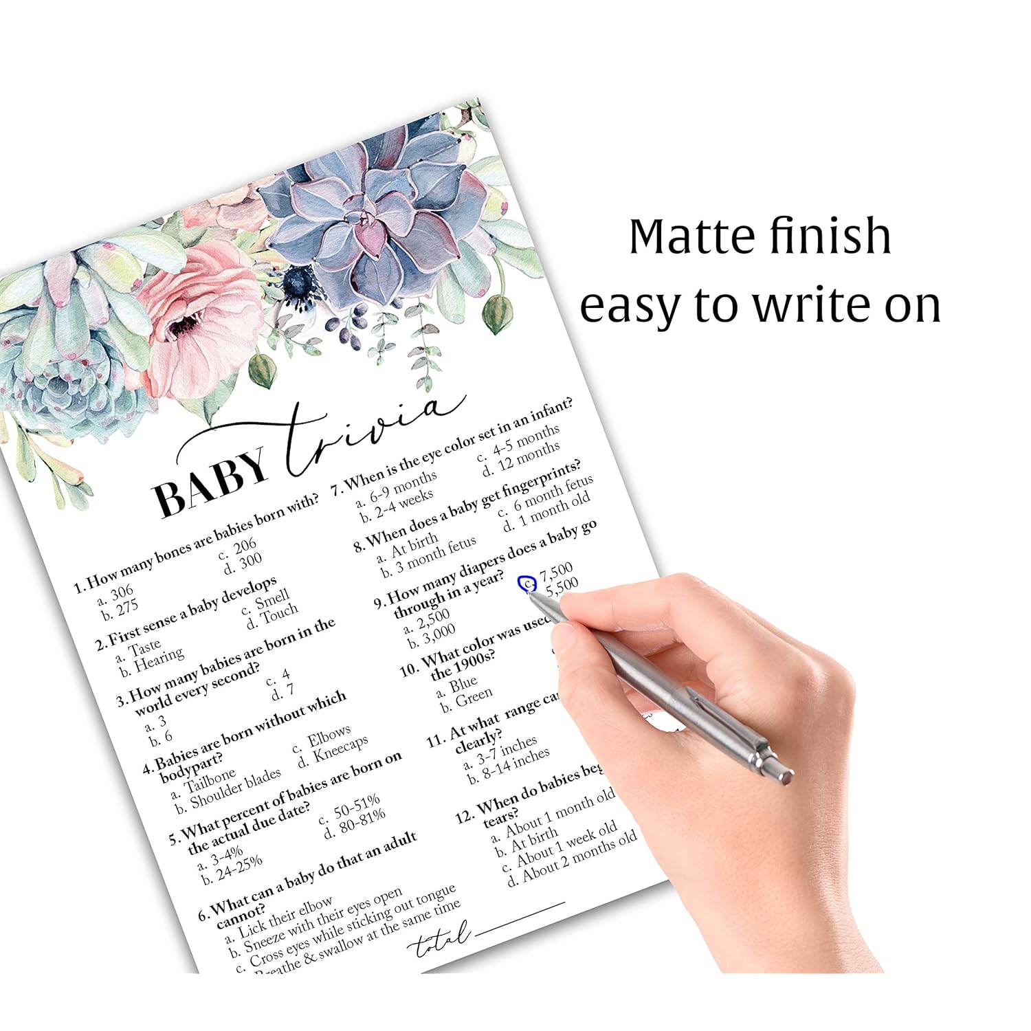 Succulents Baby Shower Game — Baby Trivia Game — 25 Guests — Fun Baby Facts Games Floral Green Succulent Trivia Baby Shower Activity Greenery Rustic Gender Neutral Couples Shower G301-Trv