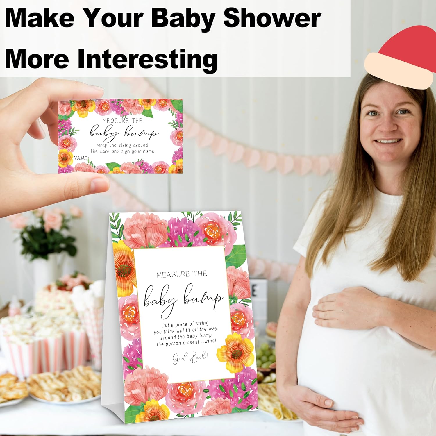 Baby In Bloom How Big Is Mommys Belly Game, Measure The Baby Bump Game, Floral Babys Shower Party Decorations & Supplies, 1 Sign & 50 Guess Cards-A10
