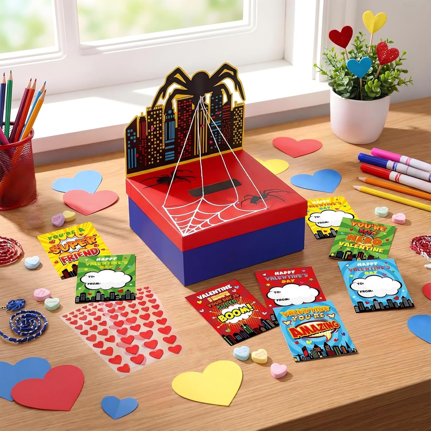 Valentines Day Mailbox Diy Spider Boxes With 32 Greeting Cards Valentine'S Day Table Box Gift For Party Favor Sets For School Classroom Gifts Exchange