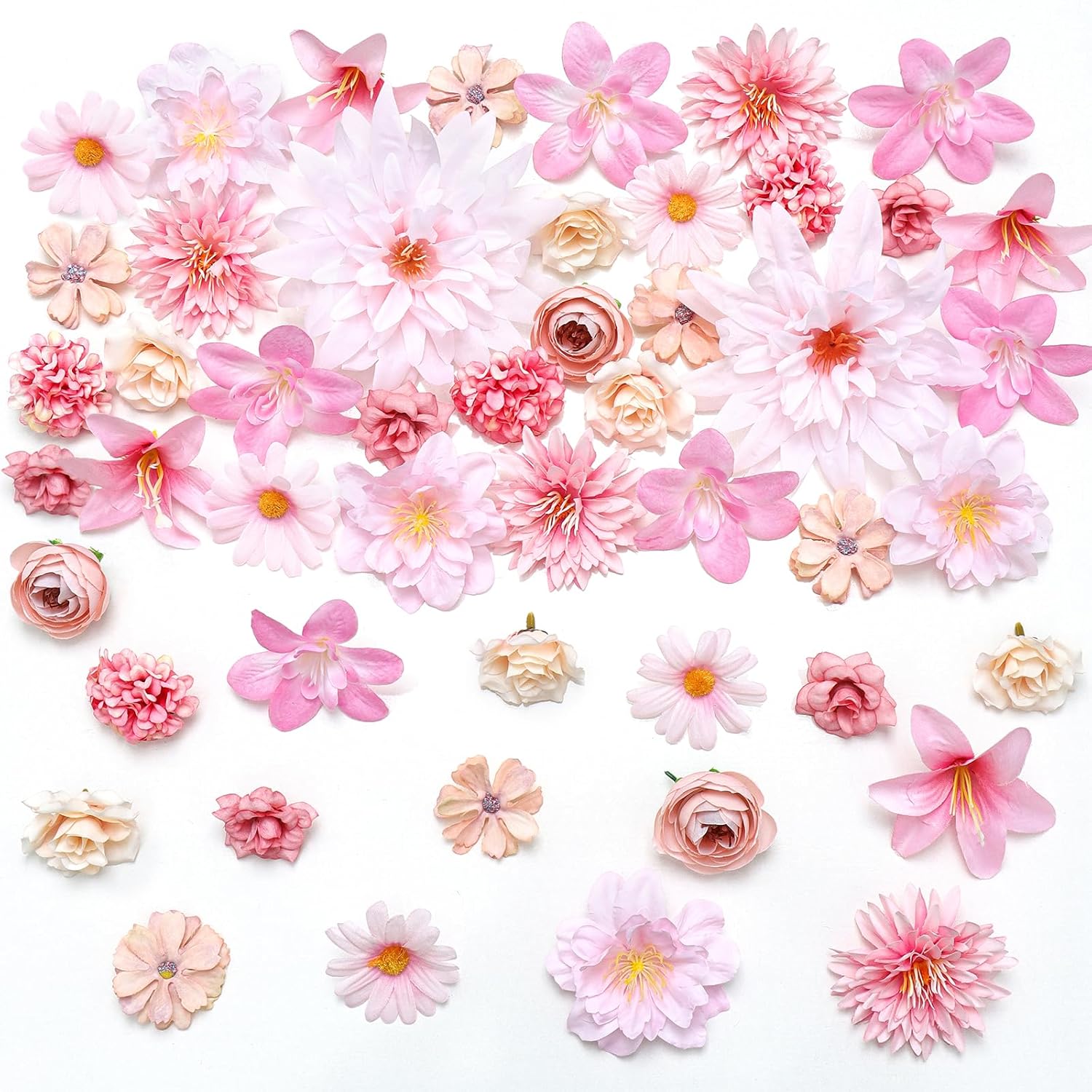 Artificial Flowers Heads 48Pcs Mini Silk Fake Flowers Heads Mix Daisy Dahlia Roses Pink Bulk Faux Rose For Craft Garland Graduation Wedding Bridal Party Centerpieces Home Decorations