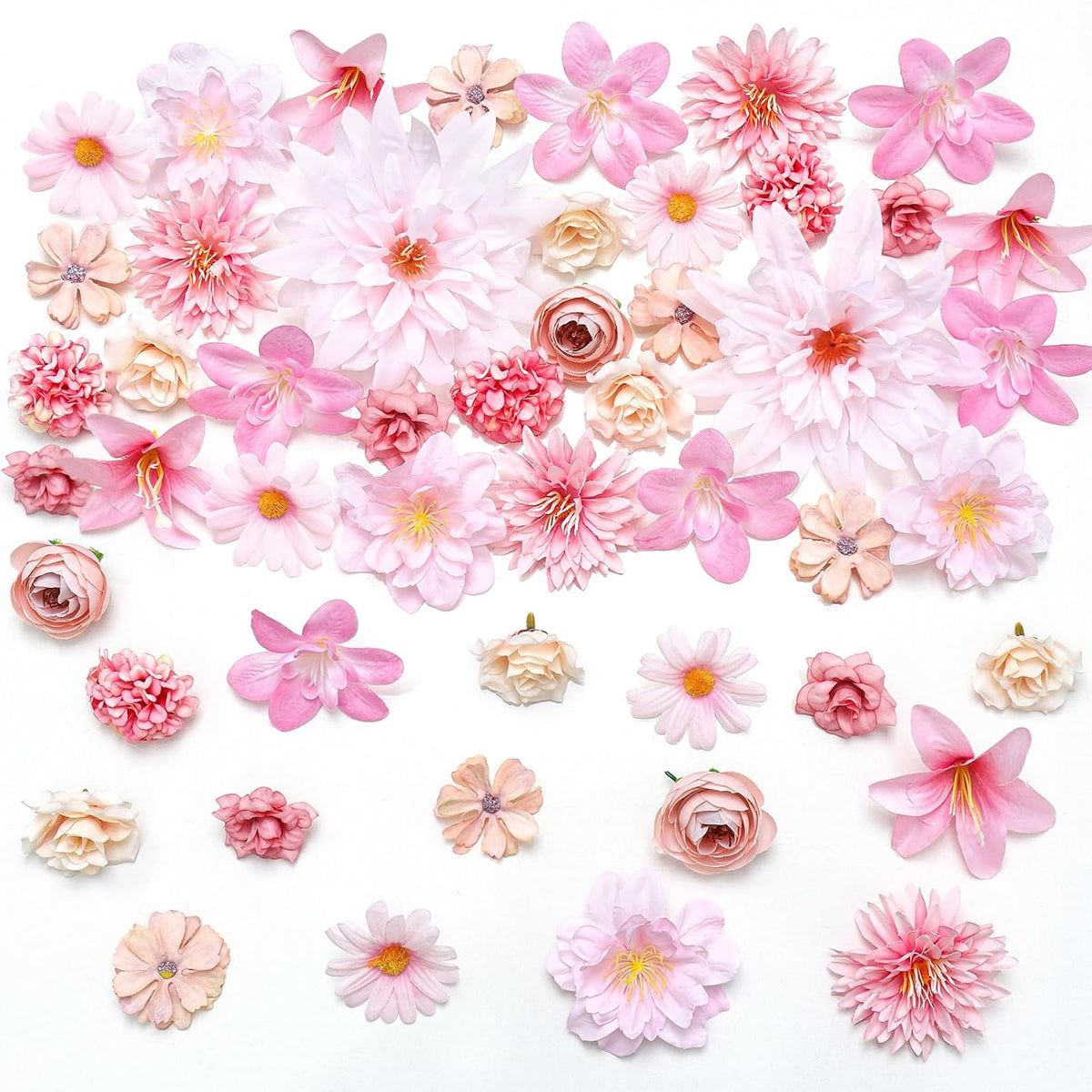 Artificial Flowers Heads 48Pcs Mini Silk Fake Flowers Heads Mix Daisy Dahlia Roses Pink Bulk Faux Rose For Craft Garland Graduation Wedding Bridal Party Centerpieces Home Decorations