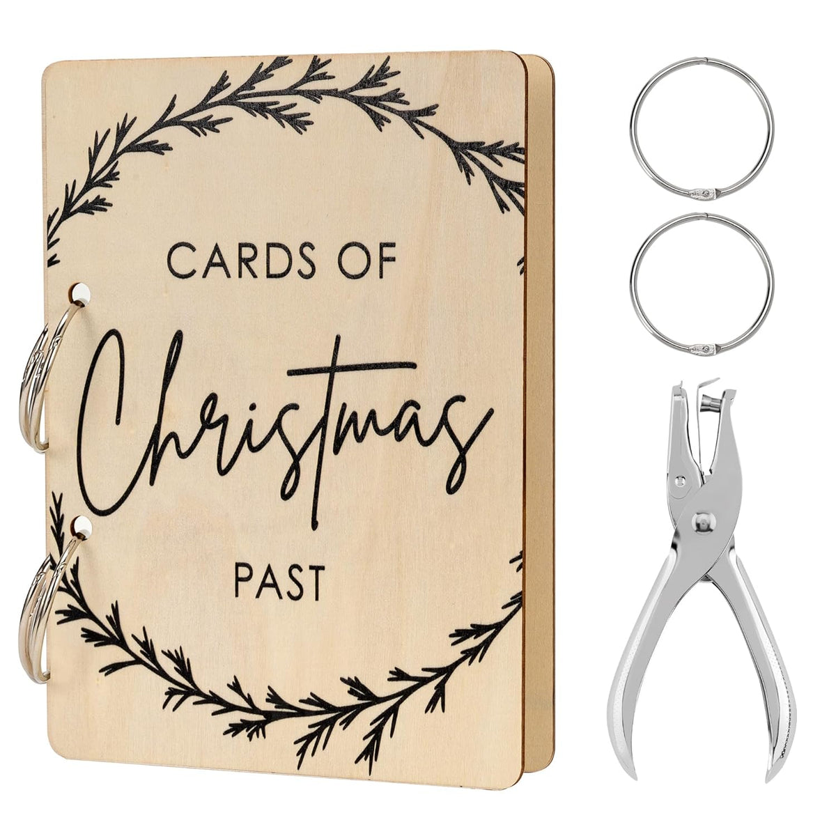 Christmas Greeting Card Holder, Wooden Keepsake Album, Holiday Card Organizer, Festive Photo Keeper & Memory Collection For Christmas, Birthday Cards (Elegant Wreath)