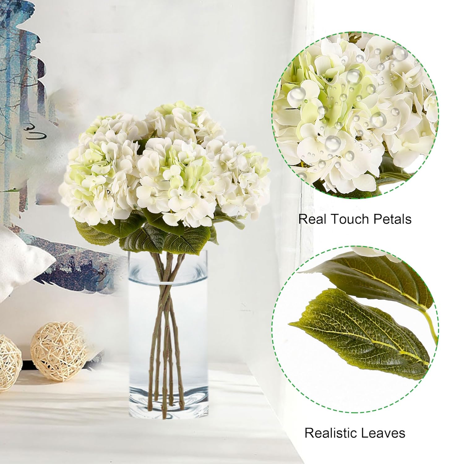 5Pcs Realistic White With Green Hydrangea Artificial Flowers With Stems 24 Inch Lifelike Faux Hydrangeas Flower Large Hydrangea For Weddings Bouquets Table Centerpieces Home Decor Party