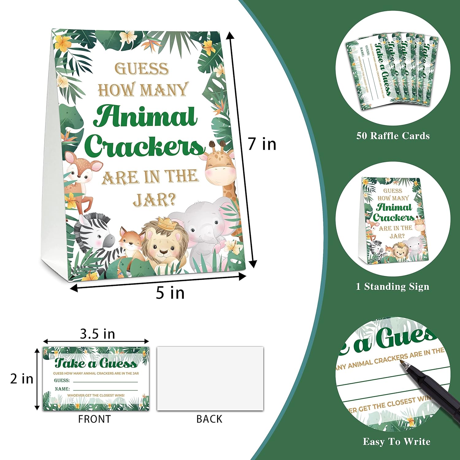 Baby Shower Game Set, Safari Find How Many Animal Crackers For Baby Shower, Jungle Gender Reveal Party Favor(1 Standing Sign + 50 Find Cards), Candy Find Game Tickets Gender Reveal Decor(01)