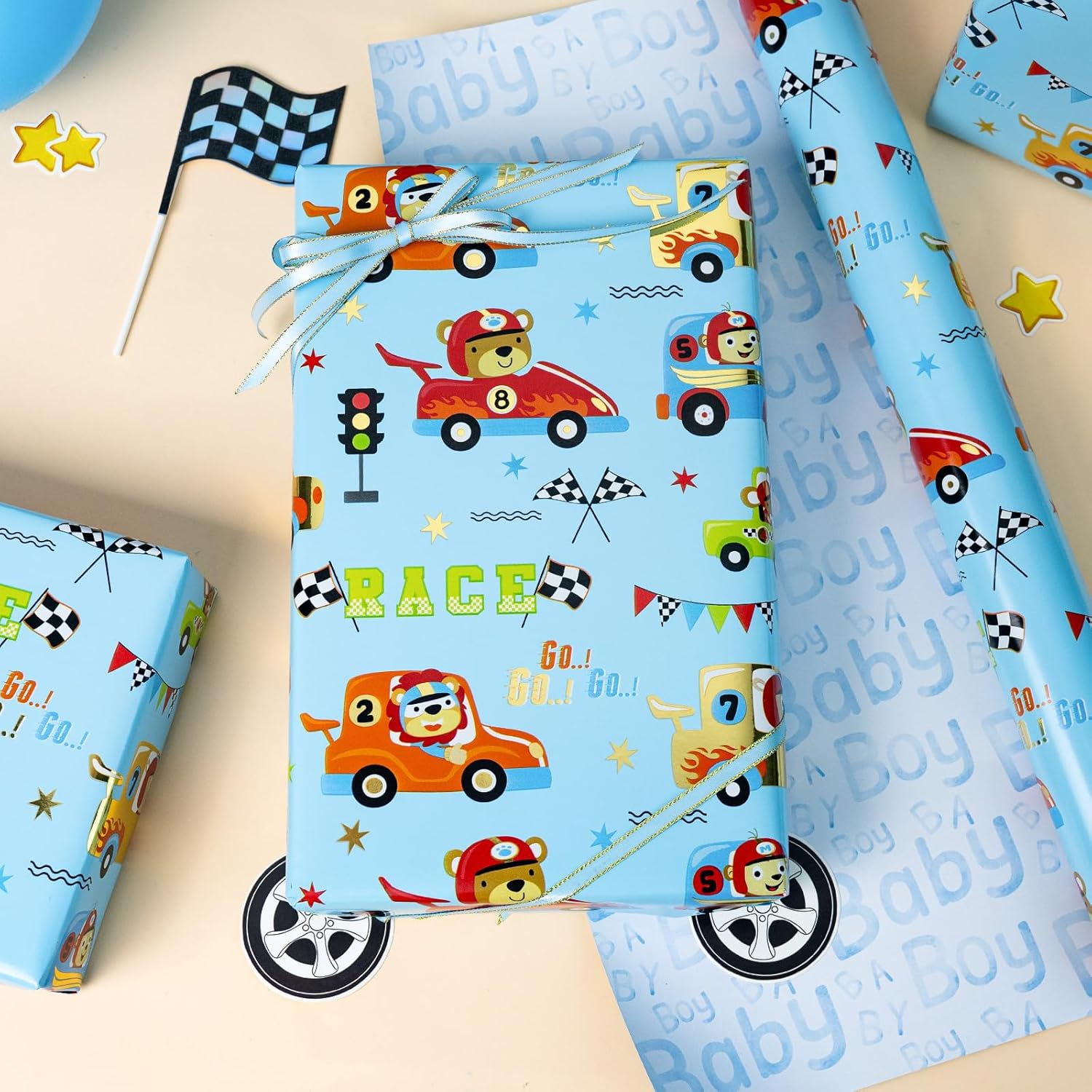 Blue Cars Wrapping Paper Rolls, Reversible Animal Race Car Gift Wrap Paper For Kids And Boys - 17 In X 16.4 Ft(23.3 Sqft) - Perfect For Baby Shower, Birthday, Party