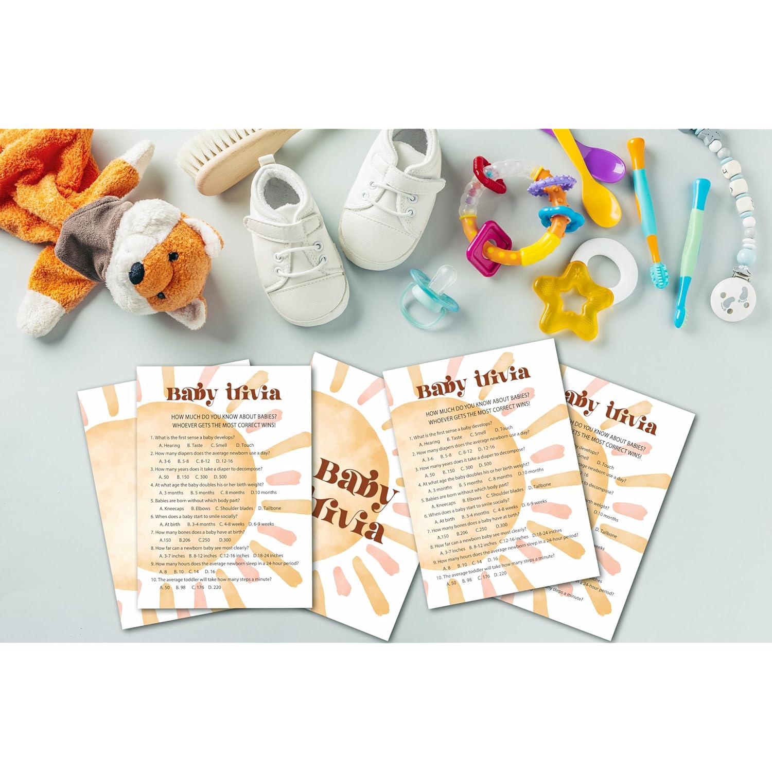 Baby Shower Games For Boy, Boho Sun Baby Trivia Baby Shower Game, Sunshine Here Comes The Son Gender Reveal Games, Set Of 25 Cards(Bohosun002)