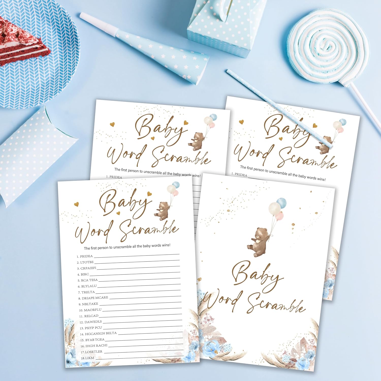 Baby Shower Games, Bear Themed Blue Word Scramble Cards For 25 Players, Gender Neutral Party Activities