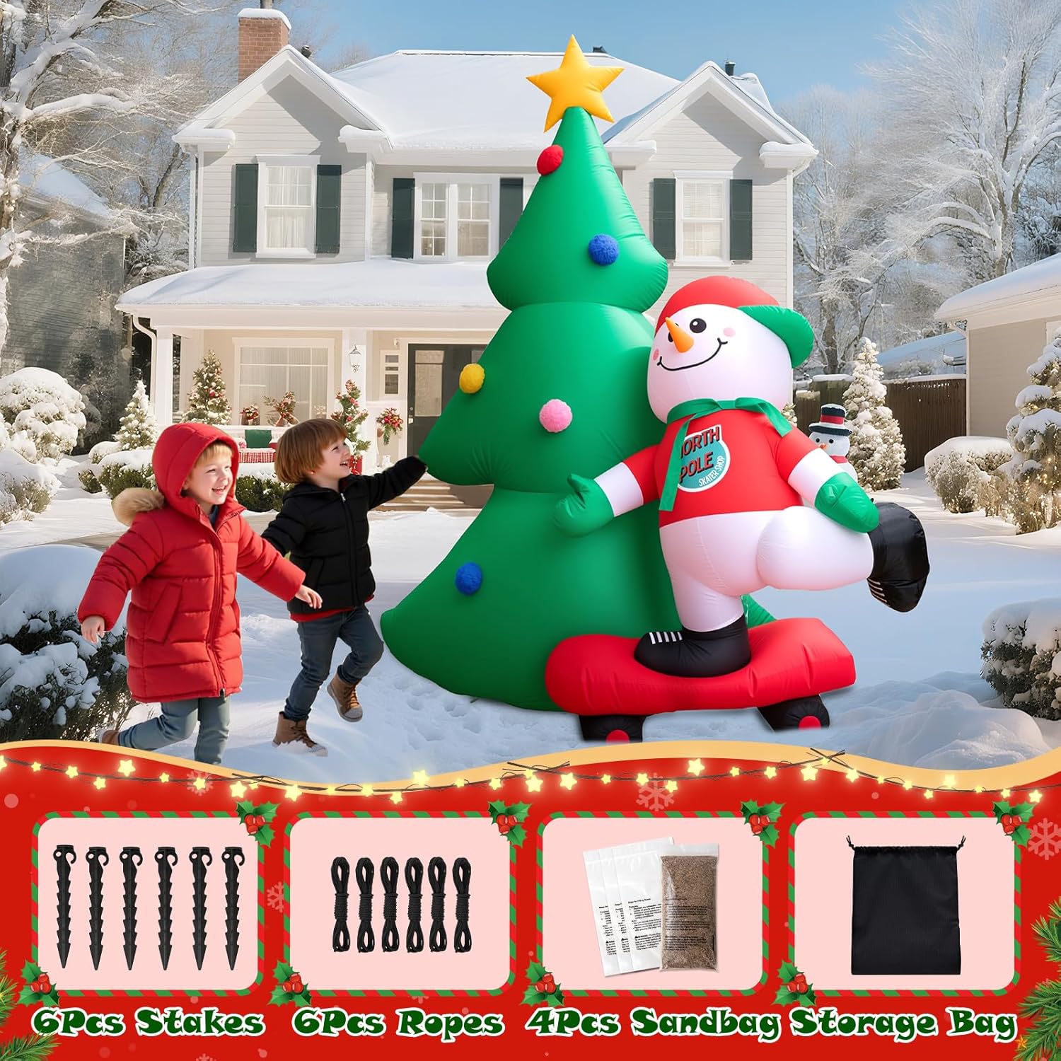 7 Ft Christmas Inflatable Snowboarding Snowman With Tree, Outdoor Yard Decoration With Built-In Led Lights, Blow Up Xmas