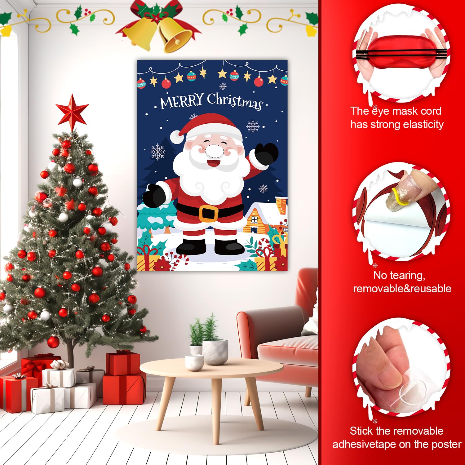 Pin The Nose On The Santa Claus, Christmas Party Supplies With Banner Poster Blindfold 24 Pcs Red Nose Stickers 2 Pcs Blindfold For Christmas Decorations
