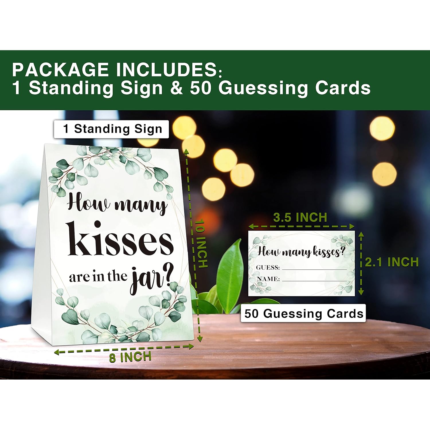 How Many Kisses Are In The Jar Sign, Greenery Bridal Shower Game, Eucalyptus Baby Shower Sign & Tickets, Wedding/Engagement Party Supplies Decorations - (1 Sign + 50 Find Cards) - 08