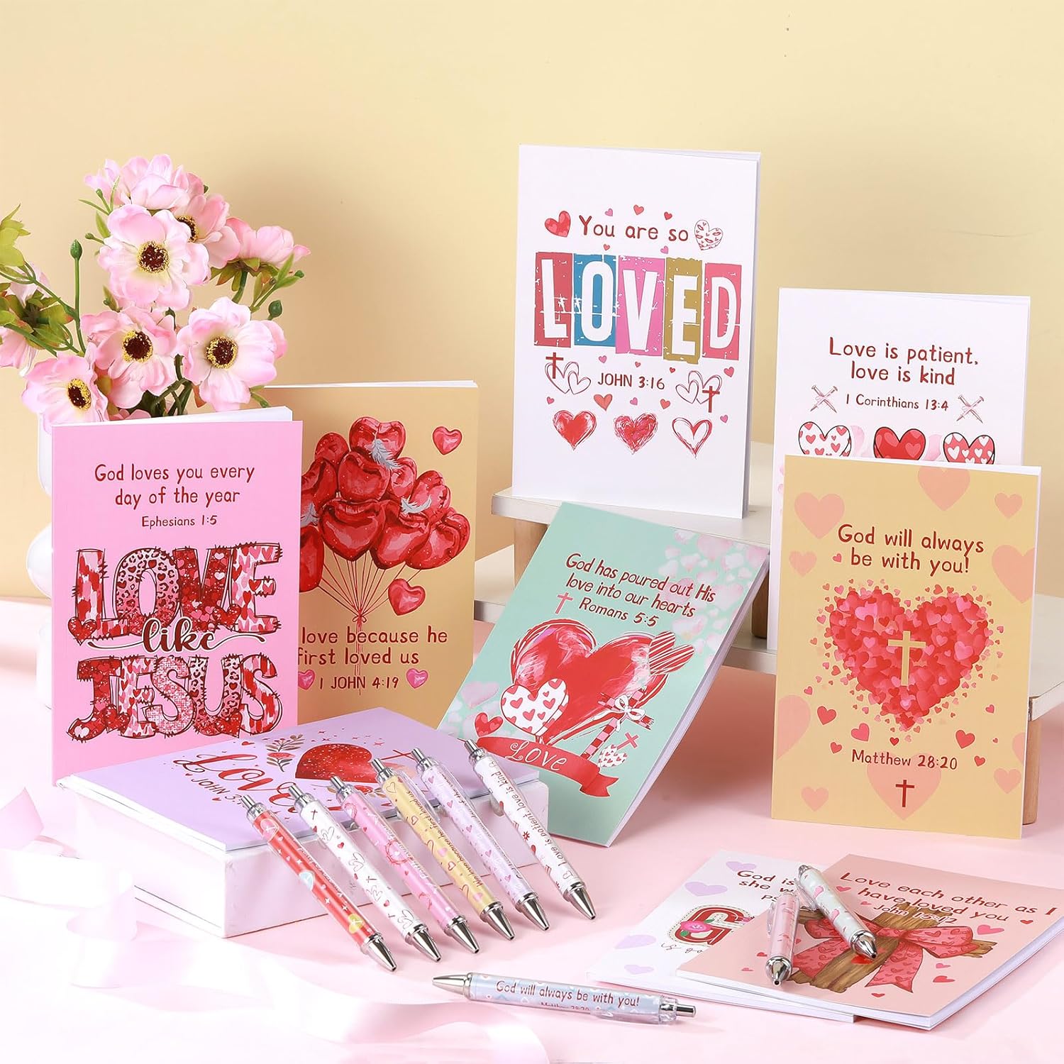 18 Pcs Christian Valentine'S Day Notebooks & Pens Set 9 Religious Bible Journals 9 Verse Jesus Ballpoint Pens, Faith Stationery Gift For Women, Church Members, Study Group, Vbs Sunday School