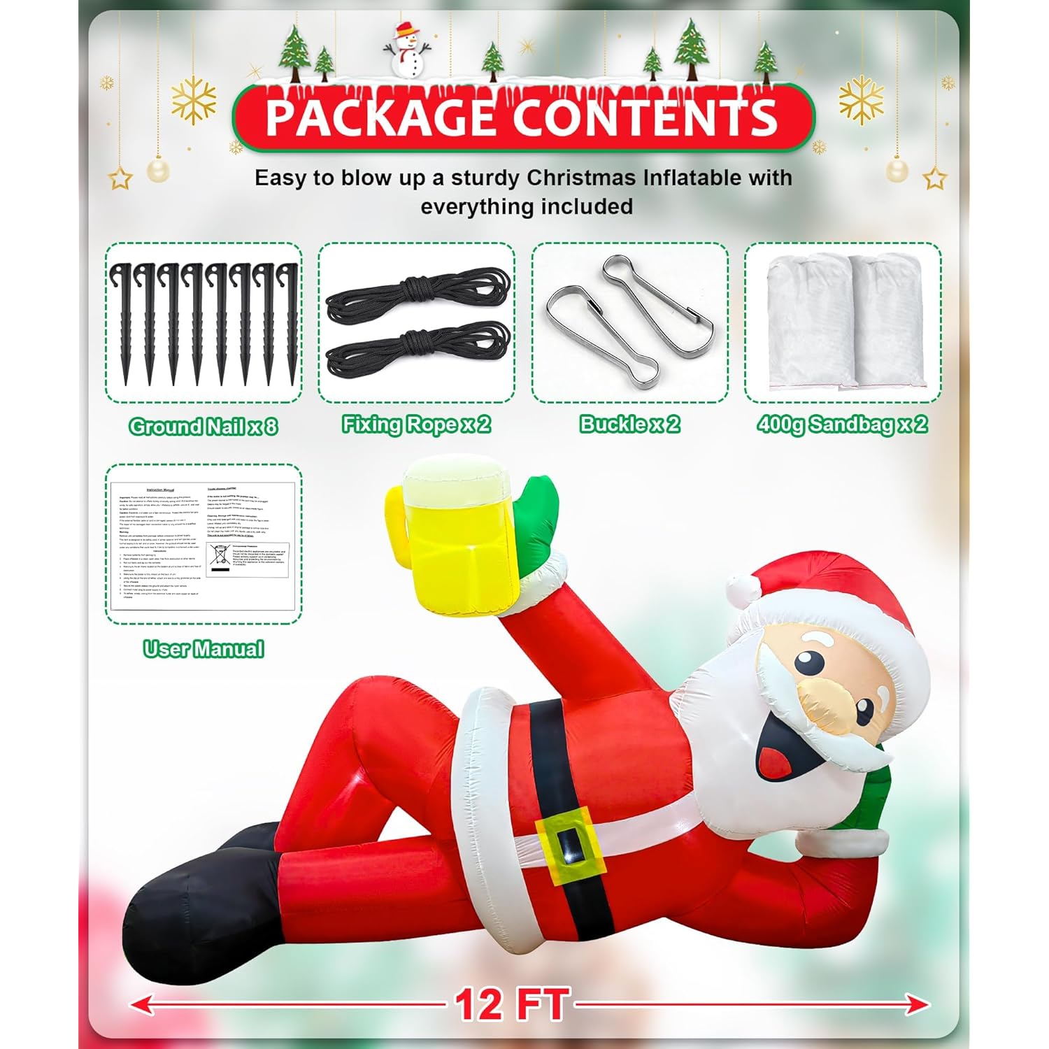 12Ft Christmas Inflatable Outdoor Decoration, Christmas Blow Ups Yard Decorations Giant Inflatable Santa Claus Lying Fla