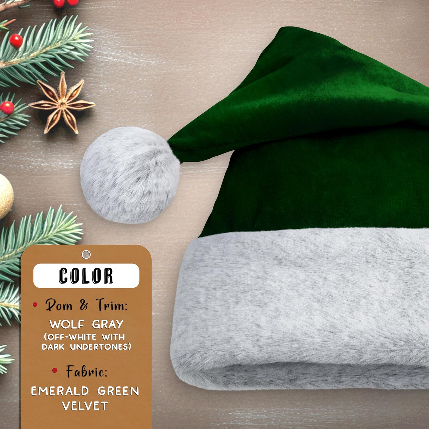 Dark Green Velvet Santa Hat - Gray Faux Fur, Soft Furry Wolf Trim - Luxury Christmas, Goth, Emerald, Deluxe Xmas Headwear - Adult, 1 Size
