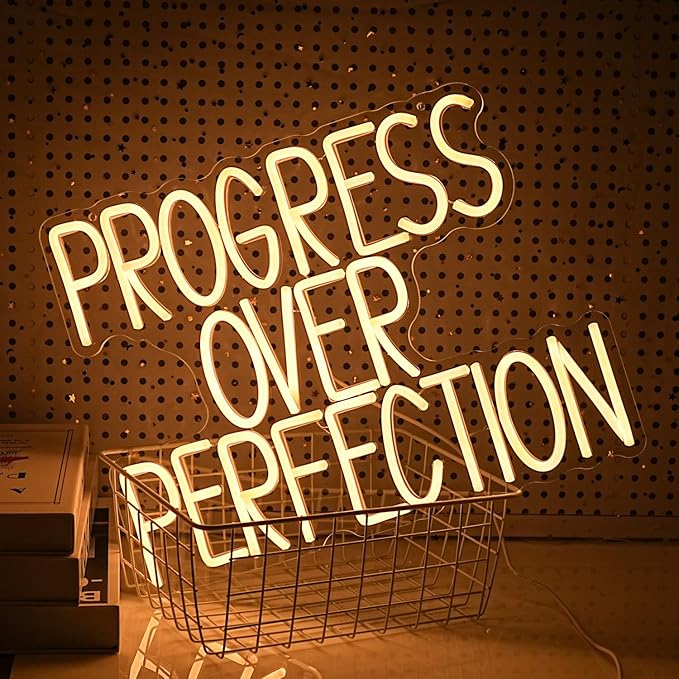 Progress Over Perfection Neon Sign Warm White USB Dimmable LED Wall Light for Classroom Bedroom Decor