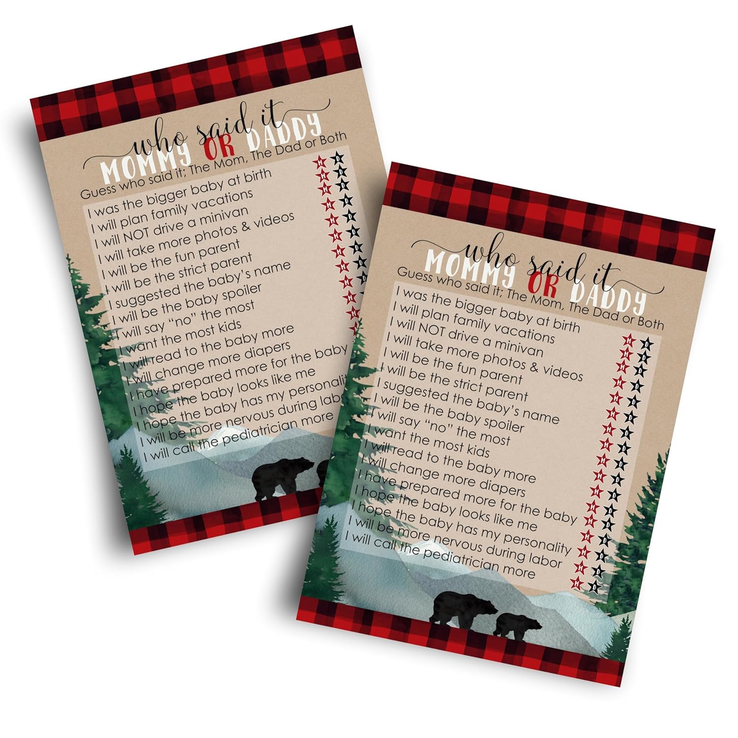 Mama Bear Baby Shower Games For Boys - 25 Guess Who Mommy Or Daddy Game Cards - Fun Guessing Activities With Prizes - Lumberjack Theme