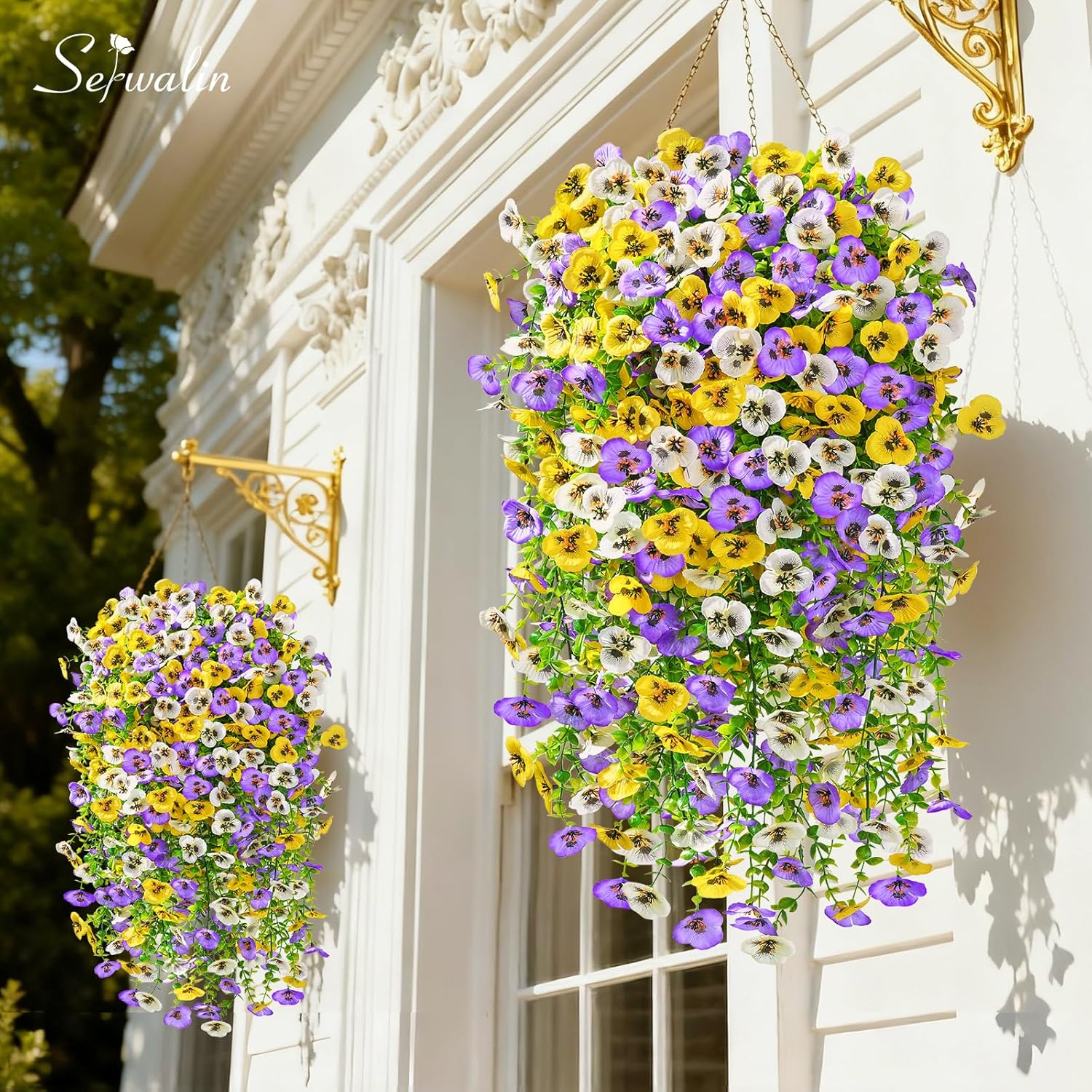 Artificial Fake Hanging Flowers For Outdoors Planters,6Pcs Uv Resistant Faux Pansy Spring Flowers For Outside Porch Patio Garden Window Box (Yellow Purple White)