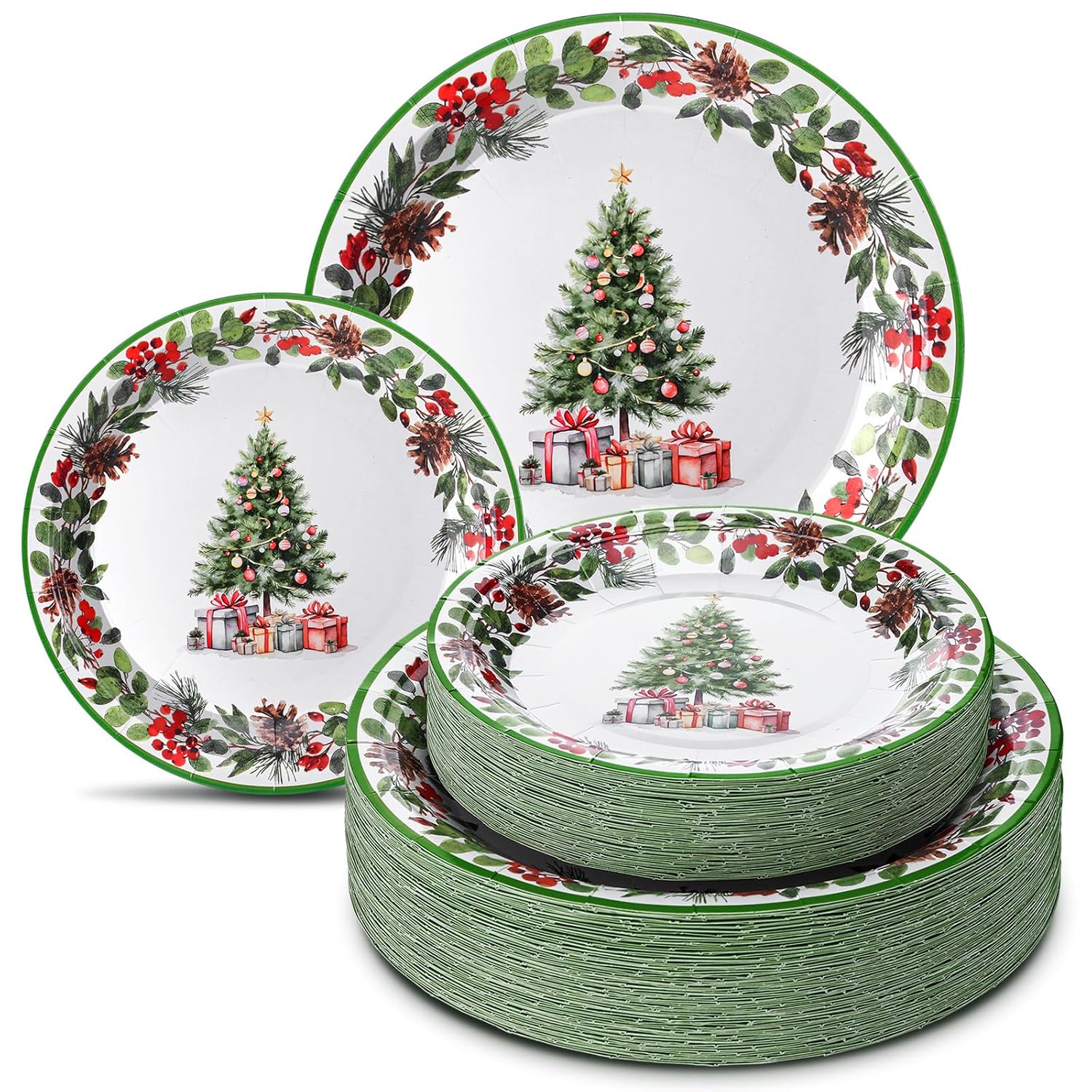 100 Pcs Christmas Party Plates Decorations Xmas Tree Collection Disposable Paper Berry Wreath Plates Set For Christmas Holiday Party Decor Serves 50 Guests