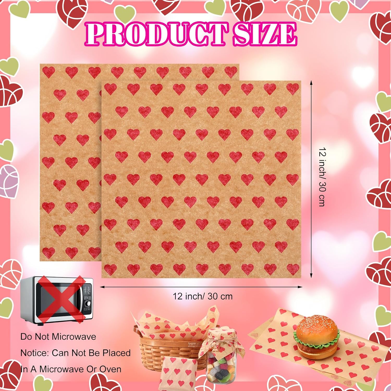 100 Sheet Valentine'S Day Heart Wax Paper Sheets For Food Kraft Paper Gift Wrapping Diy Baking Package For Happy Valentine'S Day Wedding Picnic Hamburgers Sandwiches Desserts