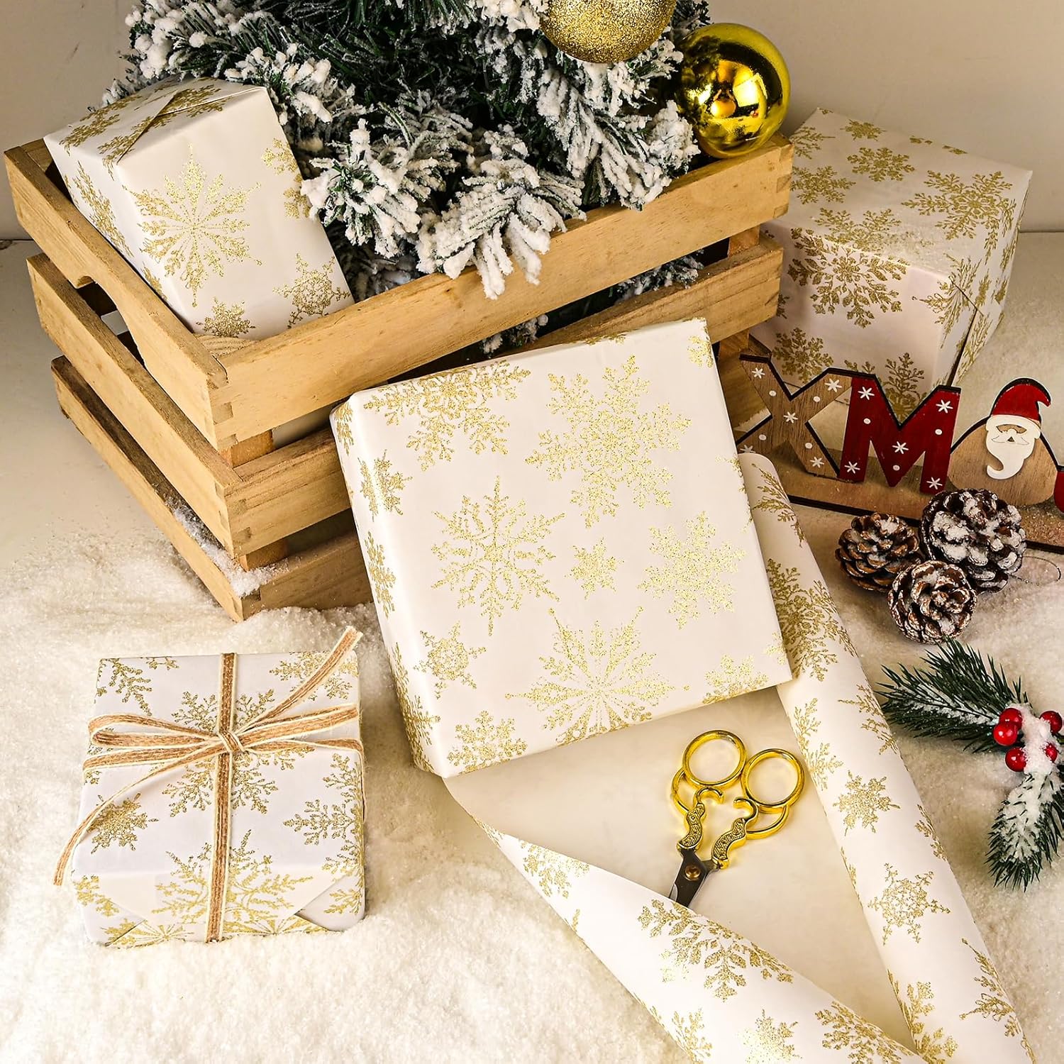 Gold Christmas Wrapping Paper Roll - White Gold Xmas Snowflake Design For Holiday Winter Parties(Gold Snowflake, 17 Inches X 16.5 Feet)