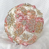 Handmade Satin Rose Floral Bling Pearl Decor Bridal Wedding Bouquet Rhinestone Pendant Artificial Brooch Flowers For Bride Bridesmaid Quinceanera