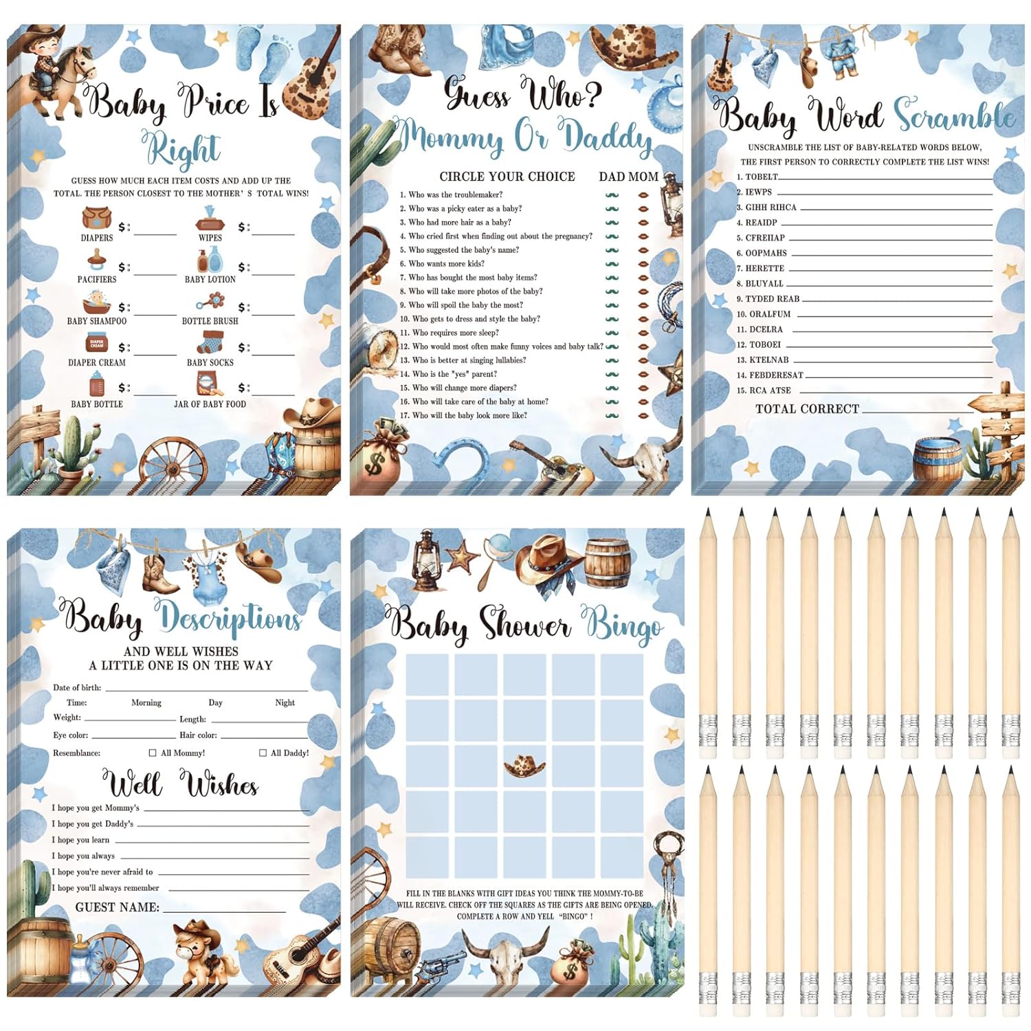 145 Pcs Cowboy Baby Shower Games Supplies 5 Sets Baby Shower Games Activities Cards With 20 Pcs Funny Pencils Include Descriptions And Wishes, Guess Who, Bingo Play, Word Search