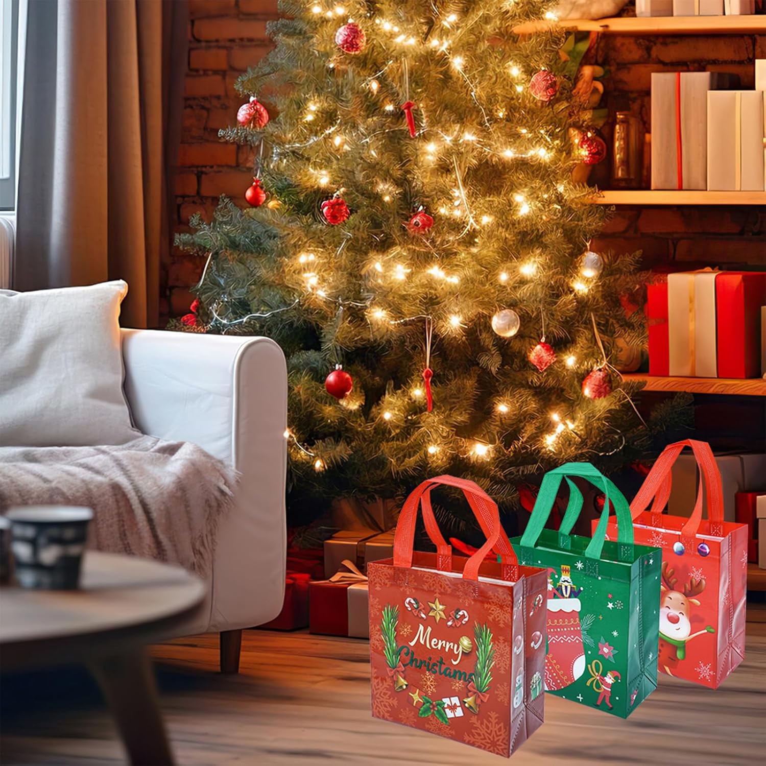 Christmas Gift Bags Tote-Bag With Handles - 12 Pack Reusable Non-Woven Xmas Party Supplies Presents Holiday Santa Claus Merry Christmas Pattern For New Year'S Shopping L8.6"Xh9"Xw4.3"(L22Xh23Xw11Cm)