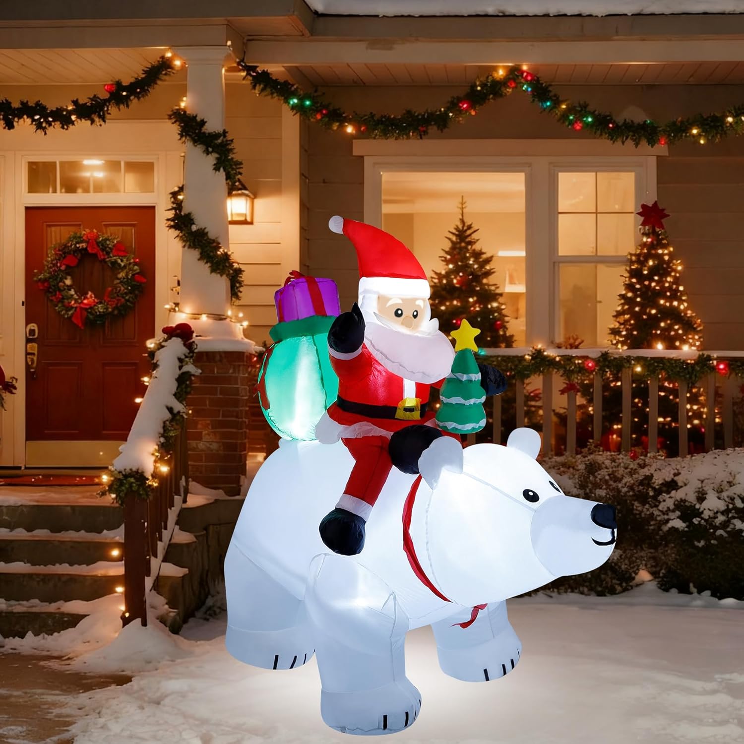 6 Ft Christmas Inflatable Santa Claus With Polar Bear And Christmas Tree, Build-In Led Lights Blow Up Xmas Inflatables D