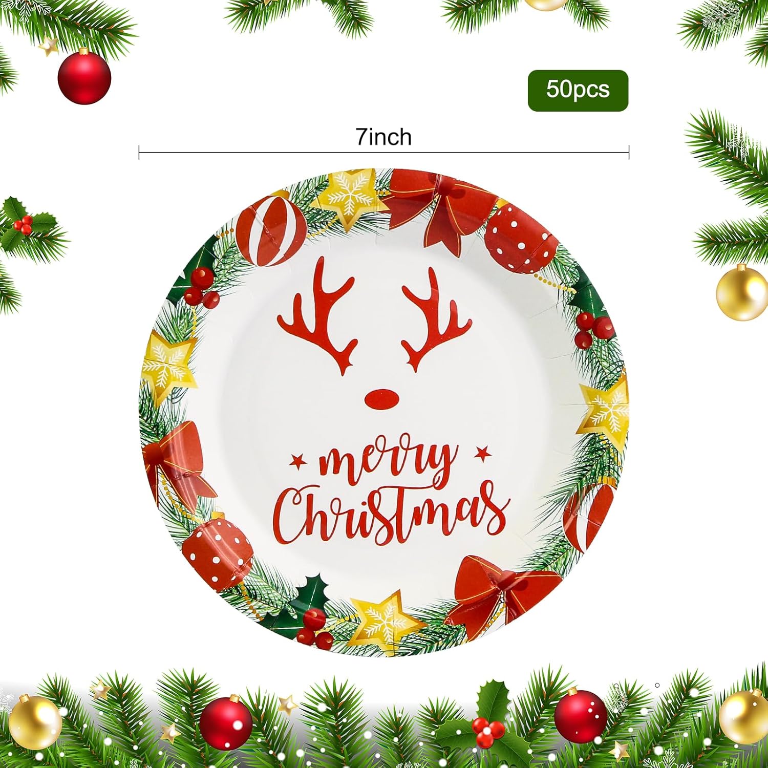 50 Pack Christmas Paper Plates 7 Inch, Merry Christmas Antlers Disposable Paper Plates Christmas Dessert Plates Salad Plates For Christmas Party Supplies (White)